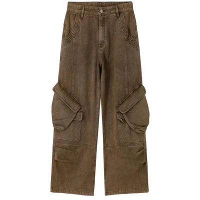 Good Denim Supplier Rugged Brown Cargo Pants with Multi-Pockets - Heavyweight Breathable Denim Workwear for Men