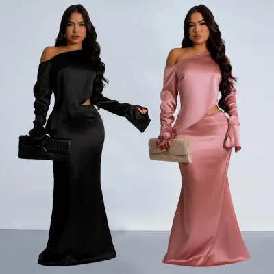 Satin Skirt Set Fluted Sleeves Top and Midi Skirt Lady Two Piece Set for Evening Soires Autumn