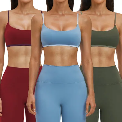 Custom Contrast Binding Sports Bra for Women Adjustable Strap Scoop Neck Naked Feel Yoga Crop Top Gym Fitness Bra Activewear