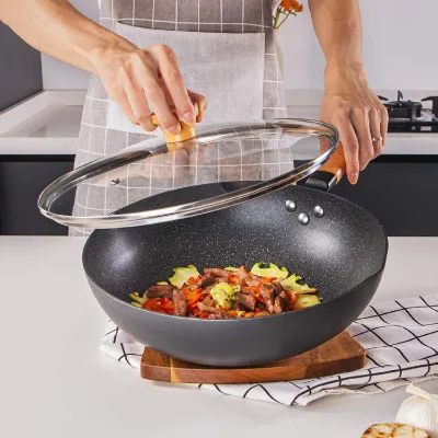 Carbon Steel Chinese Wok Pan with Granite Non-Stick Coating | Wooden Handle, Gas/Induction Compatible, with Lid