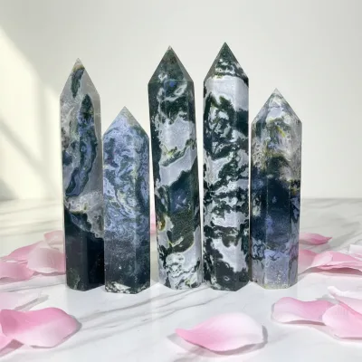 Discount Natural Crystal Wand Healing Quartz Energy Tower Moss Agate Large Tower for Sale