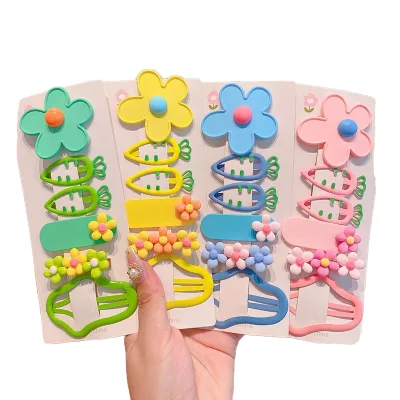 6-Piece Plastic Hair Clip Set with Sweet Pink Simple Flower Shape & Cartoon Duckbill Barrette