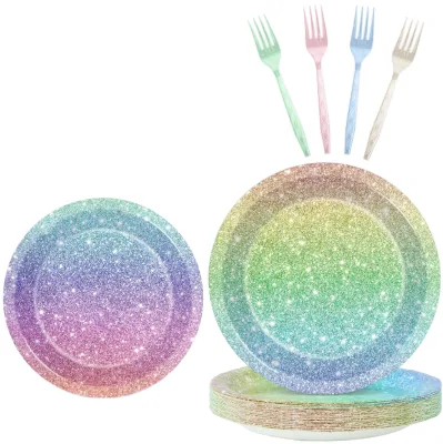 Rainbow Glitter Paper Tableware Set for Birthday Wedding Parties Includes Plates Napkins Colorful Unicorn Design 20-40 Pieces