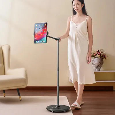 Drop Shipping L68 Adjustable Floor Tablet Stand with Pulleys Heavy Duty 32cm Base Aviation Alloy Rolling Holder for Live Stream