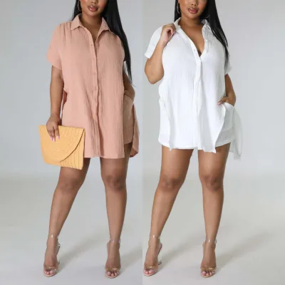 M7773 Casual Pure Color 2 Pieces Summer Shirt Set With Cotton Linen Fabric Crop Top Shirt and Short Set