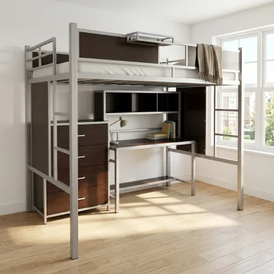 Metal Loft Bed With Desk Drawer Cabinet Wardrobe Full Guardrail Ladder Integrated Study Loft Bed For Student Dormitory Bedroom