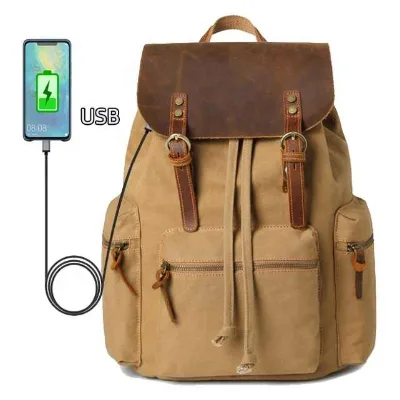 BEARKY Wholesale Vintage Canvas Leather USB Charging Backpack Daypack Custom Logo Buckle Flap Drawstring Rucksack
