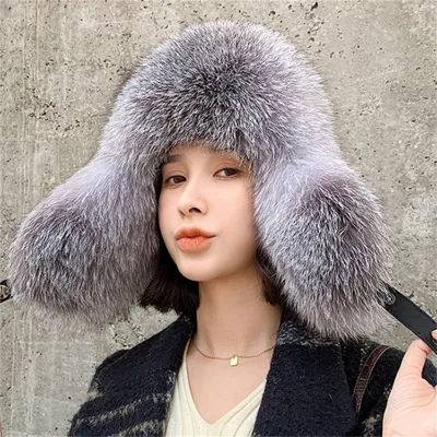 Trapper Hunt Men's Fox Skin Hats Leather Hunt Earflap Caps Winter Warm Hats