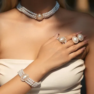 Luxury Wedding Bridal Party Gift for Women  Imitation Pearl Jewelry Set Beaded Necklace Bracelet Earring 4-piece Set