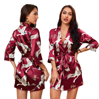 Crane and Floral Print Silk Satin Night Robe Women Custom Kimono Robe