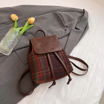 New Fashion Backpack Girl Retro Drawstring PU Leather Book Bag Women's Versatile Brown Soft Small Travel Bag