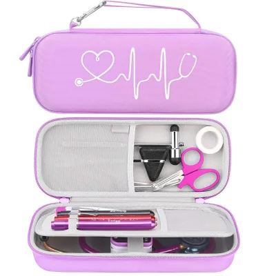 Blue PU Leather Stethoscope Case with ID Slot and Mesh Pocket EVA Material Hard and Shockproof Cover for Nurse Accessories
