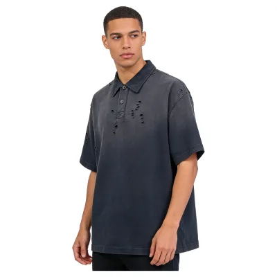 High Quality Vintage Washed Distressed Polo Shirt Men Loose Fit Hole Design Casual Streetwear T-Shirt
