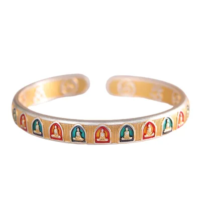 BOCAI S999 Sterling Silver Charm Bangle for Women Gold Tracing Enamel Formless Buddha the Six-Syllable Mantra Bracelet Wholesale