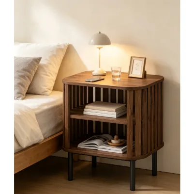 Dark Walnut Slatted End Table, Open Storage Nightstand with Black Metal Legs