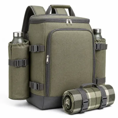 Picnic Cooler Backpack Army Green Canvas Insulated Bag with Blanket Two Bottle Holders for Camping Outdoor Family