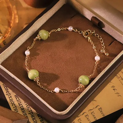 GLSEEVO Natural Freshwater Pearl Green Wood Bead Adjustable Bracelet for Women Daily Wear Dating Pearl Bracelet Dainty Jewelry