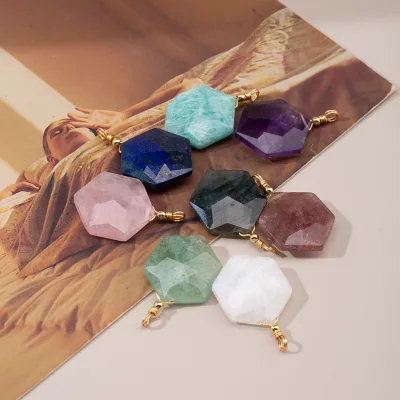 Natural Crystal Hexagon Cut Gemstone Pendant Charm Gold Plated Wire Wrapped Jewelry Gift for Her