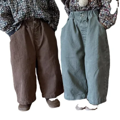 New Style Children's Old Cotton Solid Straight Pants Boys Girls Loose-fitting Wide-leg Pants Cropped Trouser Baby Cotton Pant