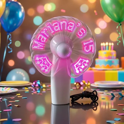FineGreen Eco-Friendly Plastic Programmable LED Handle Fan with Customizable USB-Updatable Messages Romance Theme Gift