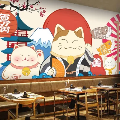 Modern Japanese Restaurant Wall Mural Fortune Cat Sushi Design Waterproof Wallpaper
