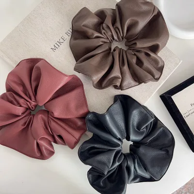 Soft Leather Hair Scrunchies for Women Oversize Elastic Hair Bands with Solid Color Classy Black Ponytail Holders for Thick Hair