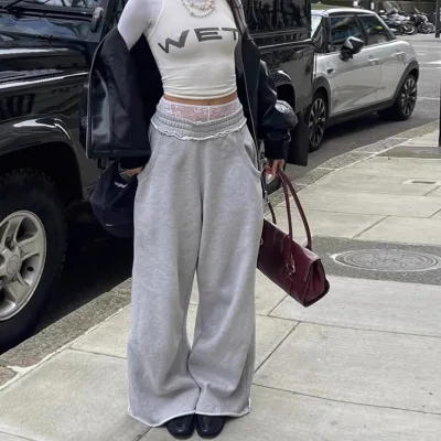Custom Print Logo Wide Leg Casual Pants Womens Wear Loose Sweatpants French Terry Baggy Pants for Women