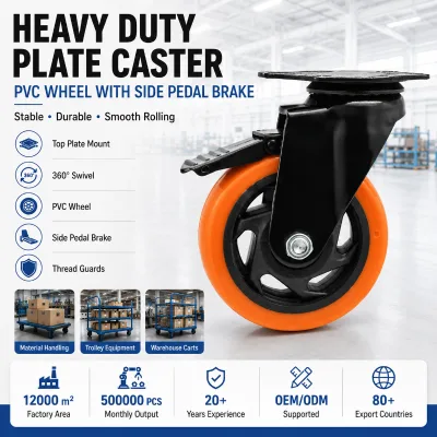 4 Inch Heavy Duty PVC Plate Swivel Caster Wheel with Side Pedal Brake and Thread Guard for Manufacturing Plant