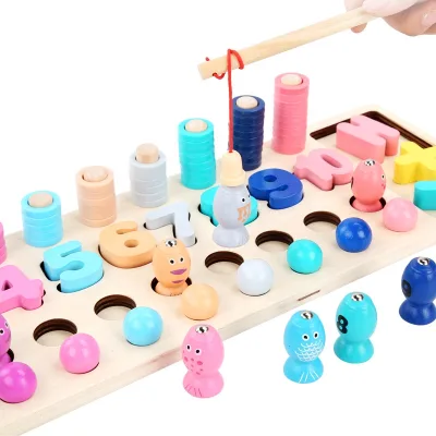 Wholesale Counting Shape Stacker Board Game Magnetic Wooden Fishing Game Matching Toys
