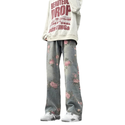 High Quality Printed Jeans for Men, Slimming and Slightly Flared Pants