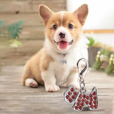Wholesale Custom Metal Design Pet Tag Small Dog Shape Engraving Lasering Logo Dog Name ID Tag Necklace With Rhinestones