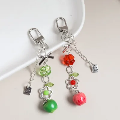 Cute Three-dimensional apple Bow Keychain Bag Charm Mobile Phone Chain Lanyard Gift