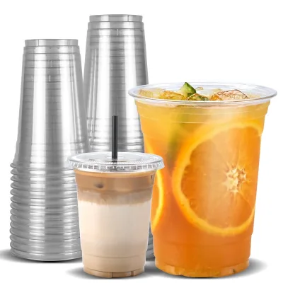High Quality Disposable Crystal clear Plastic Cups with Dome Lids Customized logo Disposable PET Cup with Lids