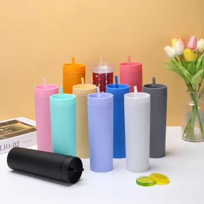 Wholesale Candy Color Matte Double Wall Plastic Straight Cup Frosted Skinny 16oz Straw Cup Plastic Handy Cold Drink Bottles