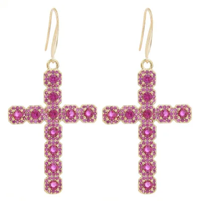 14k Gold Rhinestone Cross Dangle Earrings Wedding Accessories Party Jewelry