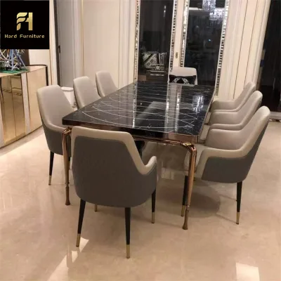 Custom Rectangular 6 or 8 Seater Large Kitchen Table Gold Stainless Steel Frame Dining Table With High End Black Marble Top