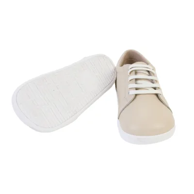 Minimalist Beige Leather Barefoot Casual Shoes Simple Slip on Elastic Lace Wide Fit Anti Slip Sole