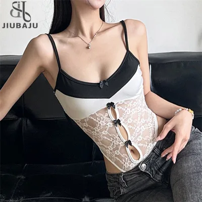 Bow Lace Patchwork Skinny Tank Top Sexy Off Shoulder Sleeveless Bodysuit Tops