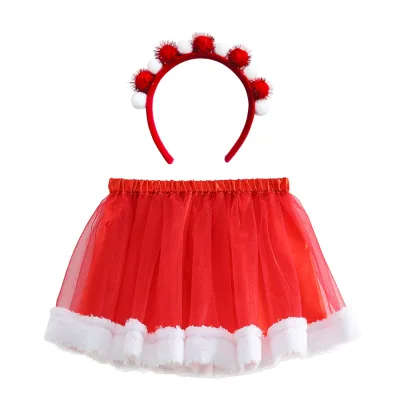 2025 New Christmas Red Frayed Pleated Tutu Skirt Mesh Half Skirt with Headband and Lining Children's Party Short Skirt
