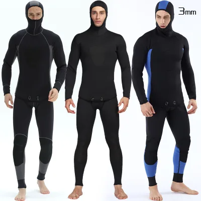 Wholesale Retail High Quality 3mm Stretch Nylon Fabric Warm Neoprene All Black Full 2-Piece Swim Surf Dive Hooded Wetsuit Jacket