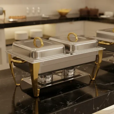 Mirror Polished Double Pan Stainless Steel Chafing Dish with Golden Frame Deluxe Hotel Use Fuel Alcohol Fuel Warmer