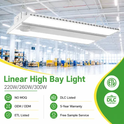 High Lumen Linear Industrial High Bay Light 300W 150lm/W ETL DLC Certified IP65 for Parking Garage Retail Warehouse