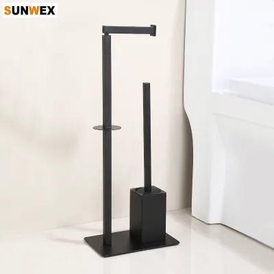 Matte Black Free-Standing Stainless Steel Toilet Roll Brush Organizer Bathroom Paper and Brush Holder Metal Toilet Brush Holder