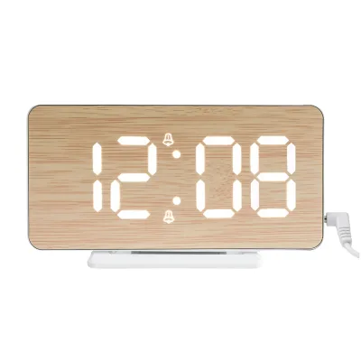 Hot Selling Mirror Bedside Alarm Clock Battery Plug-In Dual-Purpose Bamboo Surface LED Clock