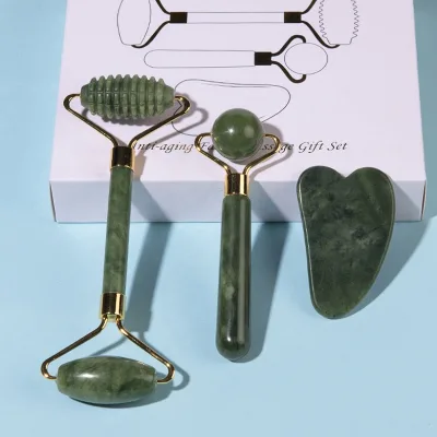 3 in 1 Natural Jade Roller and Gua Sha Set with logo and Box White Black Jade Ridged Double Big Heads Roller Mini Eye Roller