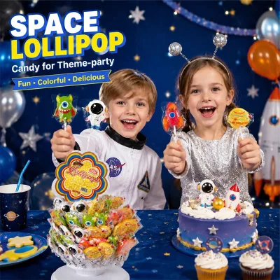 Space Themed Lollipop Candy 3D Rocket Planet Shaped Lollipops Colorful Fruity Hard Candy for Kids Space Party Wholesale