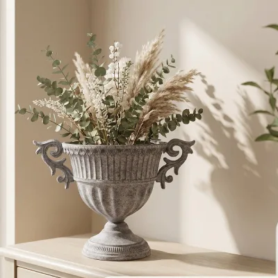 French Manor Retro Grey Double-ear High-leg Iron Flower Vase for Courtyard Landscape Floral Decoration and Wedding Venue Signage