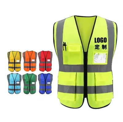 Multiple Pockets High Visibility Reflective Breathable Lightweight Polyester Zipper Closure Safety Vest for Men Women Work
