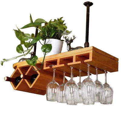 Factory Direct Nordic Solid Wood Wine Rack with Goblet Holder Wall-Mounted Wine Stand with Carton Packaging