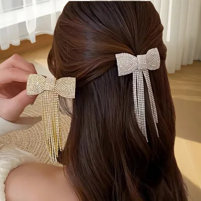 New Fashion Elegant Rhinestone Bow Hair Clip Luxury Long Tassel Hair Barrette for Women